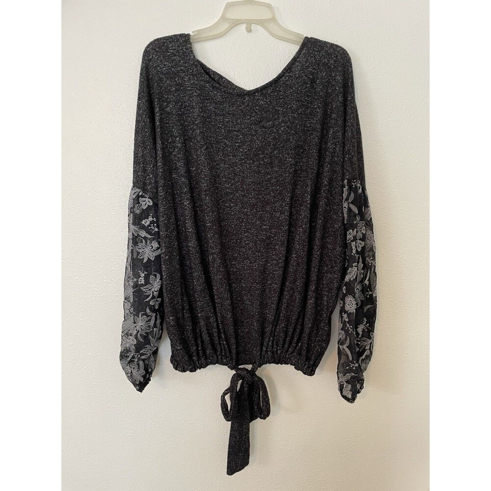 Daytrip Charcoal Black Scoop Neck Pullover with Sheer Floral Sleeves